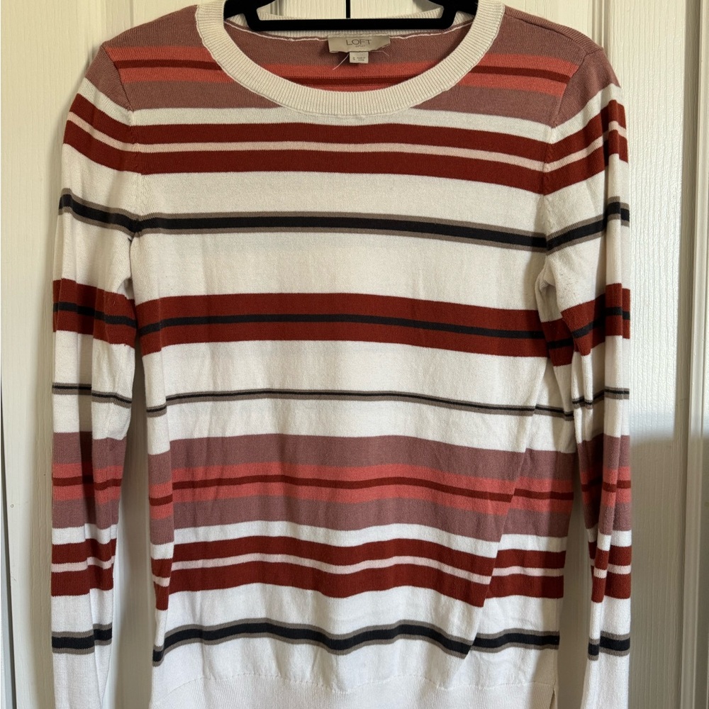 LOFT Red and White Crewneck Sweater with Stripes